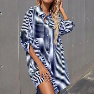 Navy Blue Casual Women's Striped Rolled Sleeve Shirt Dress